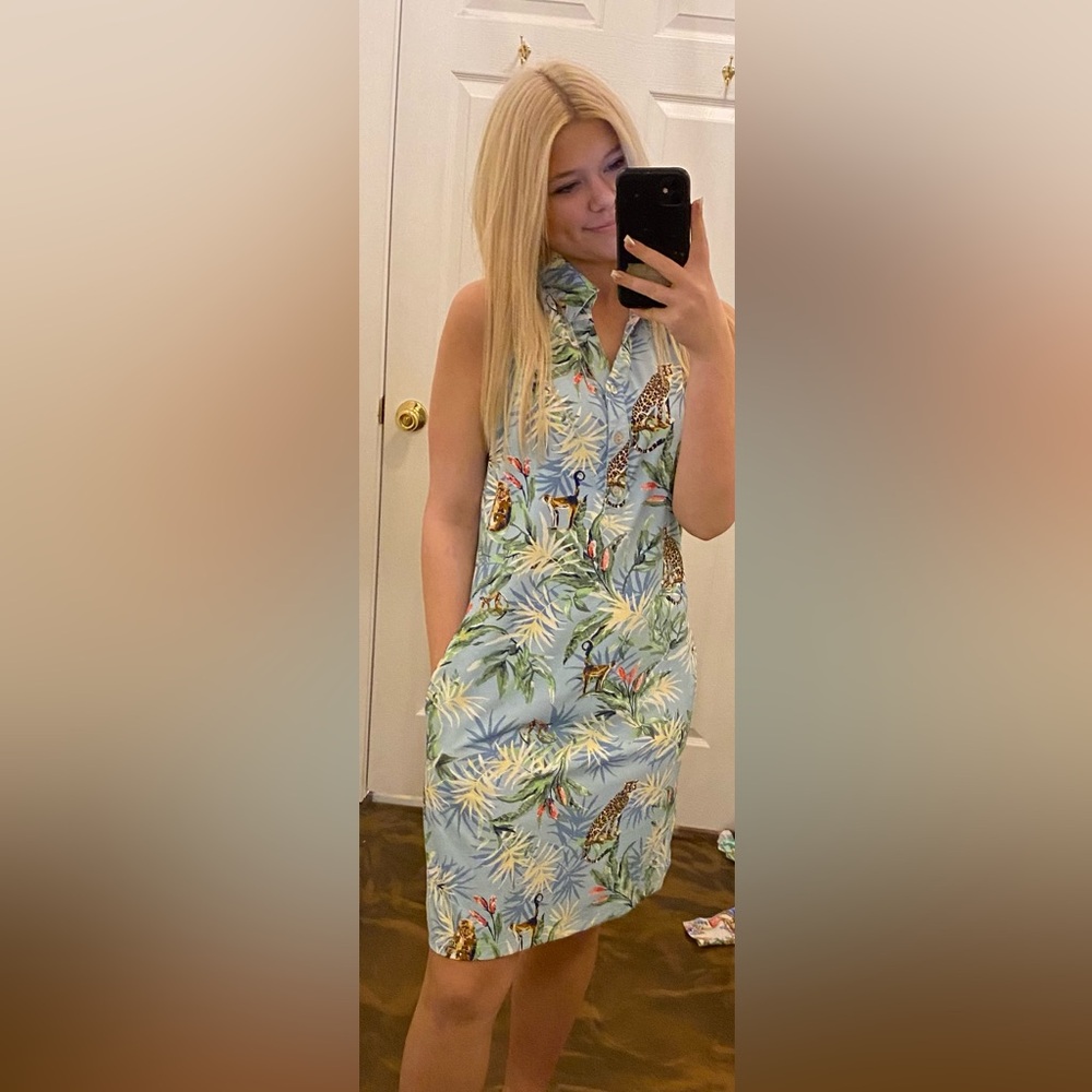KENNY DANA- wildlife lt blue Tropical Animal Print Sleeveless Dress UPF 50 New